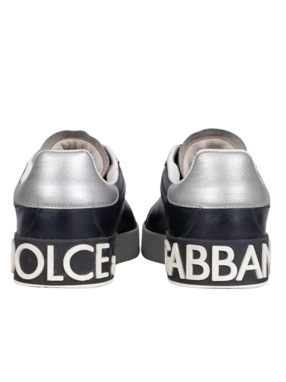 Dolce&Gabbana Men's Calfskin Portofino Low-Top Black and Silver Sneakers | sz 8